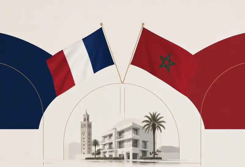 Accompagnement franco-marocain de FrancExpat Solutions : drapeaux France-Maroc, patrimoine et villa moderne